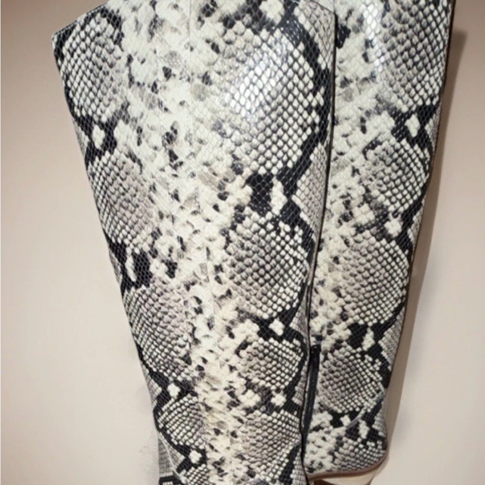 Gianni Bini Snake-Print Knee Boots in Black and Cream